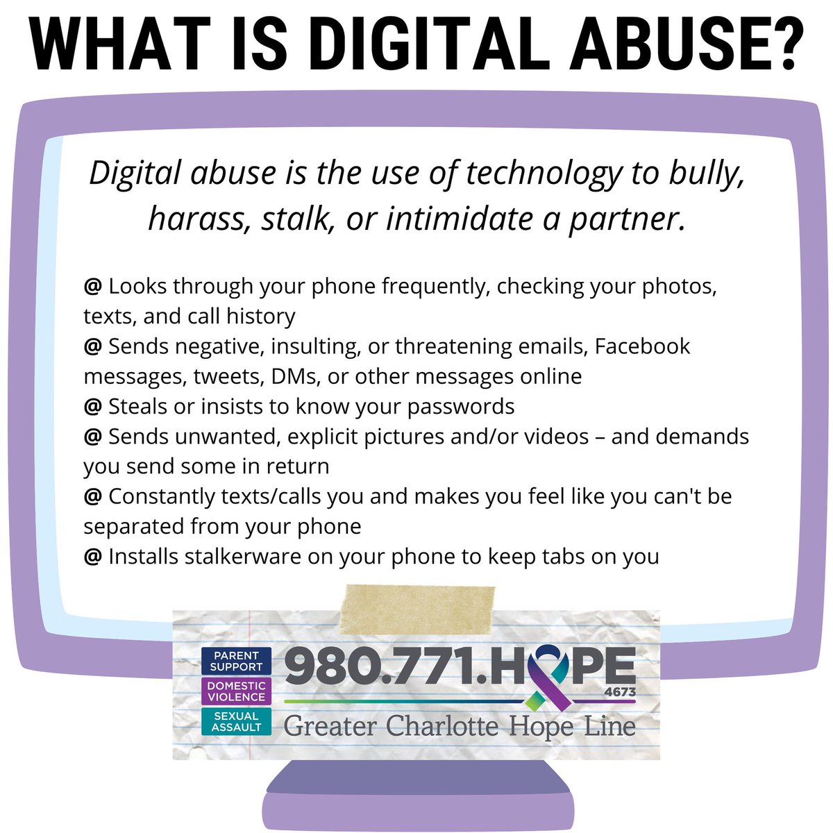 Warning signs of #digitalabuse in teens:

🚫Looks through your 📞 
🚫Sends threatening emails, texts, DMs, etc.
🚫Steals passwords
🚫Sends unwanted pictures/videos
🚫Constantly texts/calls &amp; makes you feel you can't be away from your phone
🚫Installs stalkerware on your 📞
