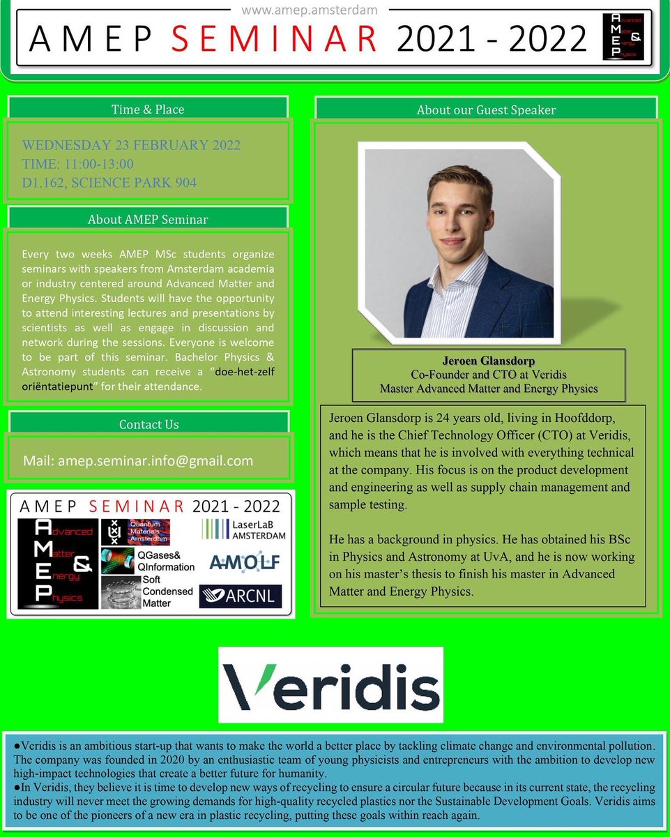 AmepMsc's tweet photo. AMEP Seminar returns! Next week we are welcoming 3rd year student and co-founder/CTO of Veridis Instruments: Jeroen Glansdorp. Interested in the story of this successful tech start-up? Sign up via https://t.co/4GSssVYO3K. Hope to see you there! https://t.co/gLoi2K4sh5