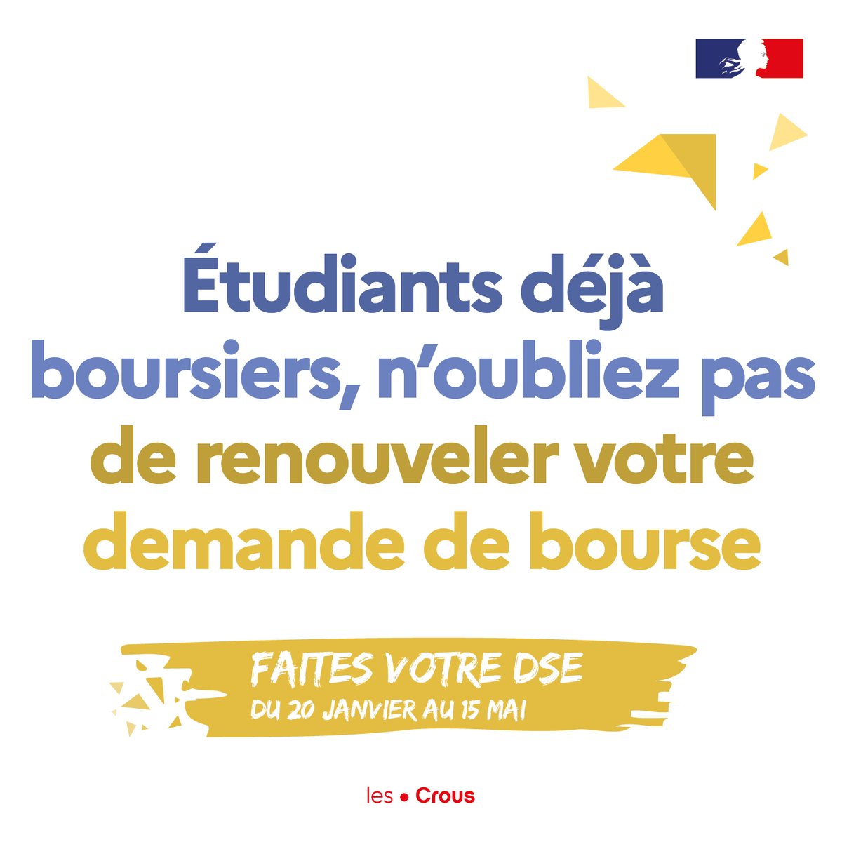 etudiantgouv's tweet photo. 👉 N'oubliez pas de renouveler votre demande de bourse pour l'année prochaine si vous poursuivez vos études ! 

📌Rdv sur https://t.co/j1V8valNsO

#FaitesvotreDSE #DSE #Crous #lescrous #bourse #logement #études #université #fac #faculté #postbac #parcoursup https://t.co/p1KwGOgBdp