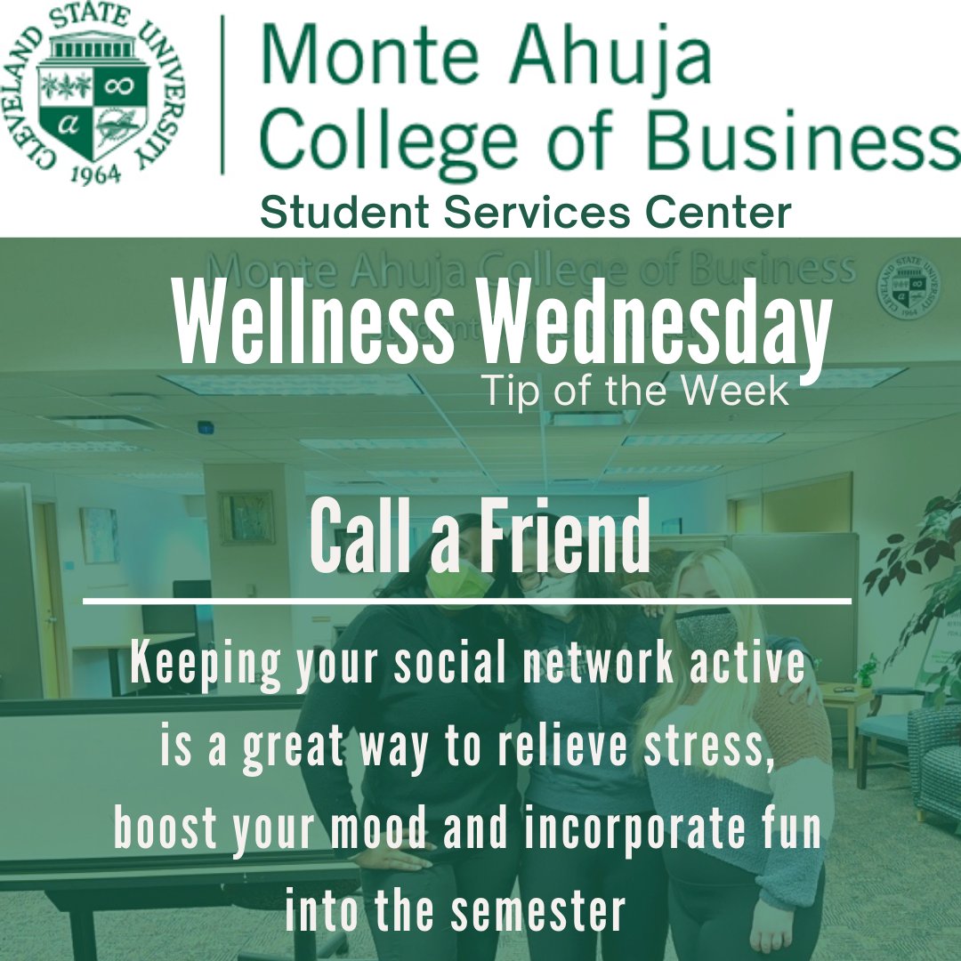 CSUCOBSS's tweet photo. #WellnessWednesday Call a Friend! Keeping your social network active is a great way to relieve stress, boost your mood and incorporate fun into the semester!

#csu #csubiz #csuadvising https://t.co/OzkYPfRDko