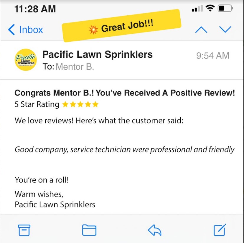 Straight to the point- keep up the professional &amp; quality customer service Mentor! 👏👍

#PacificLawnSprinklers #YellowTrucks #Irrigation #lawnsprinklers #sprinklerinspection #PacificTeam #newhomeowner #sprinklersystem #Pacific #lawnsprinklerinstallation #Spring  #sprinklerrepair