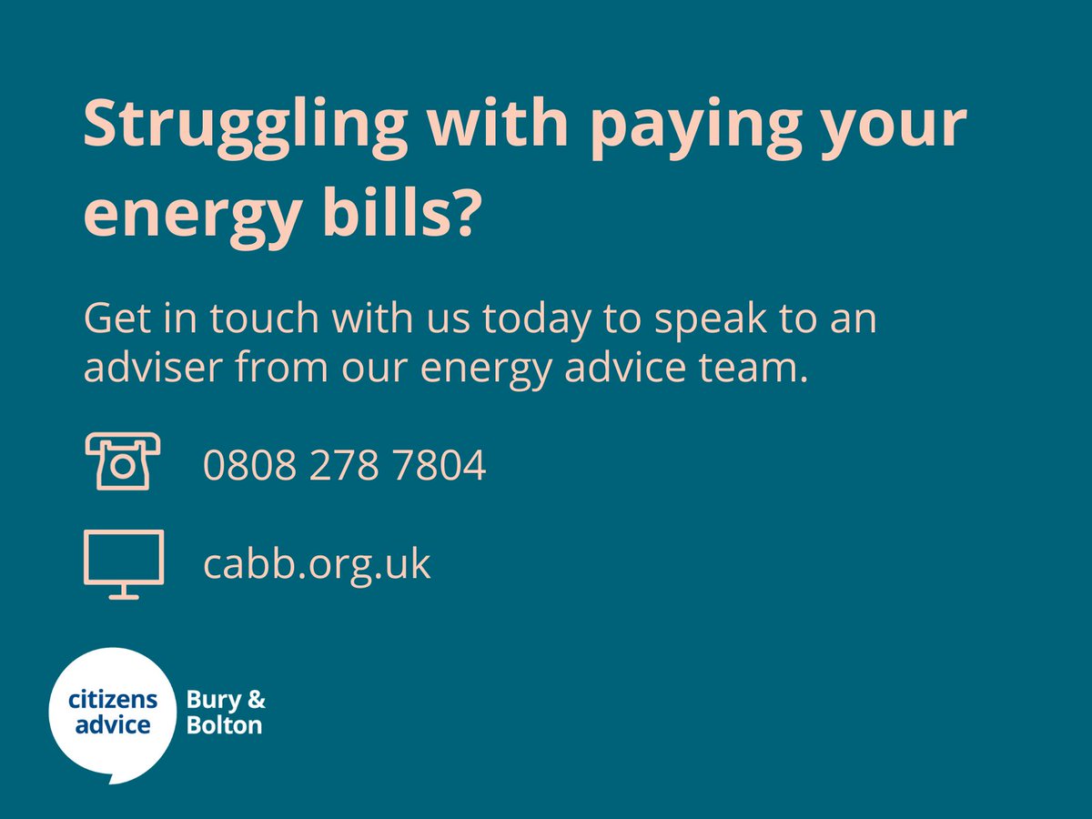 CABuryandBolton's tweet photo. Struggling to pay your energy bills?

We're here to help. Contact us today to speak to an adviser from our energy advice team.

☎️  0800 278 7804
🖥️  https://t.co/NlGqLMXxcR https://t.co/xAhPZlFx9a