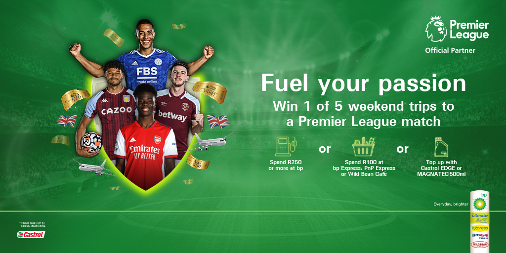 bp_SouthAfrica's tweet photo. WIN 1 of 5 double tickets for a weekend dream holiday to watch the Premier League LIVE from the UK courtesy of @bp_SouthAfrica! 

LIKE 💚 this Tweet to receive reminders of all the #bpxPremierLeague action this season. https://t.co/erXG6iTp3m