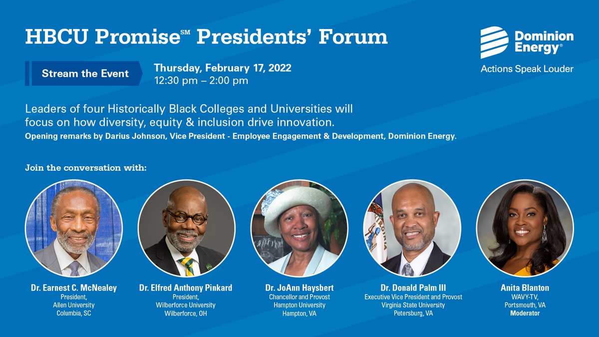 RayDaudani's tweet photo. TOMORROW: Leaders from @VSU_1882, @_HamptonU  @AllenUniv and @wilberforce_u join @AnitaWAVY to discuss how diversity, equity and inclusion drive innovation. Join us for this free, live conversation Thursday at 12:30p.m. https://t.co/gPRzj6opdE https://t.co/dagHPr80Rt
