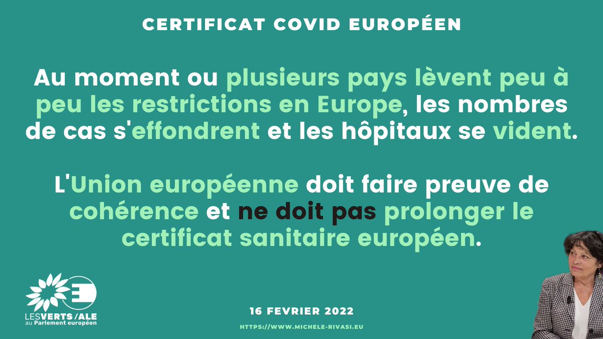 MicheleRivasi's tweet image. Je m’oppose à la prolongation du certificat #covid européen d'un an, comme proposé par la Commission européenne. 
Aujourd'hui cette mesure n'est ni proportionnelle ni justifiée scientifiquement. Pas question de donner notre feu vert.