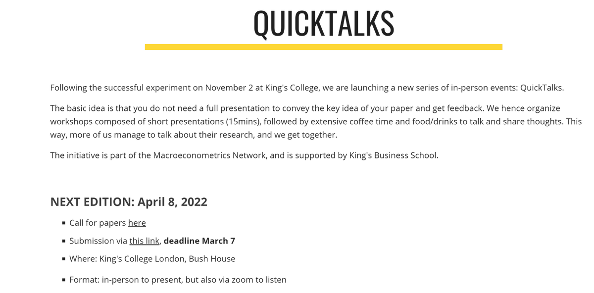 Alessia_metrics's tweet image. 🚨Macroeconometrics Quick Talk
NEXT EDITION: APRIL 8, 2022
Call for papers
Submission deadline March 7

Format: in-person to present at King&apos;s College London, but also via zoom to listen

macroeconometrics.net/quicktalks

#EconTwitter #Econometrics #Macroeconometrics