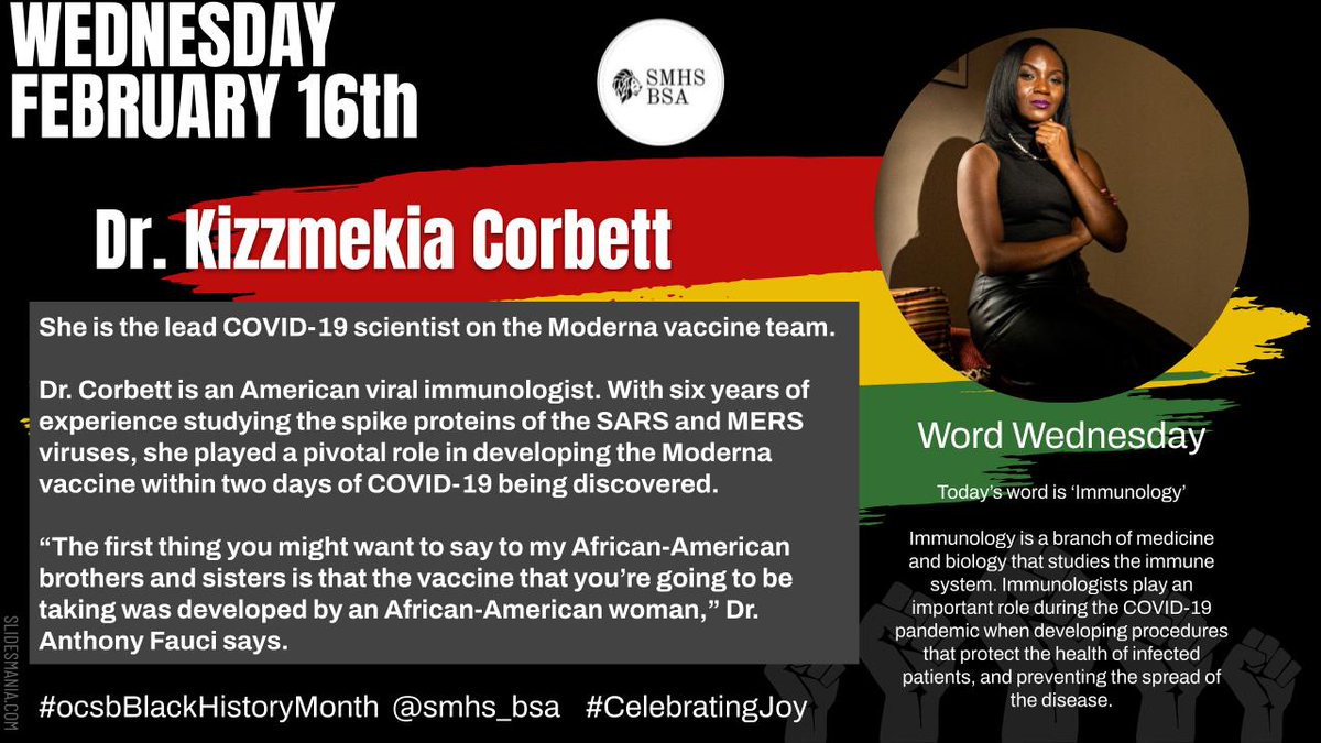 For the <a href="/StMarkOCSB/">St. Mark High School</a> BSA celebrating joy, we recognize Dr. Kizzmekia Corbett &amp; her lead role on the Moderna vaccine team.  #ocsbBlackHistoryMonth