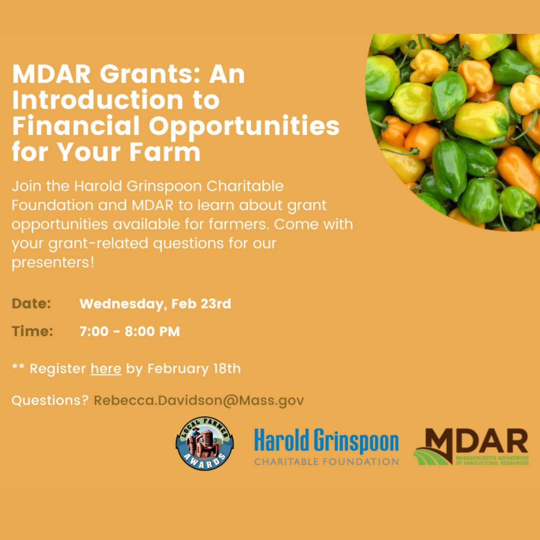Join the MDAR and the Harold Grinspoon Charitable Foundation for an informative webinar on the scope of grant programs available to farmers. 

forms.office.com/pages/response…