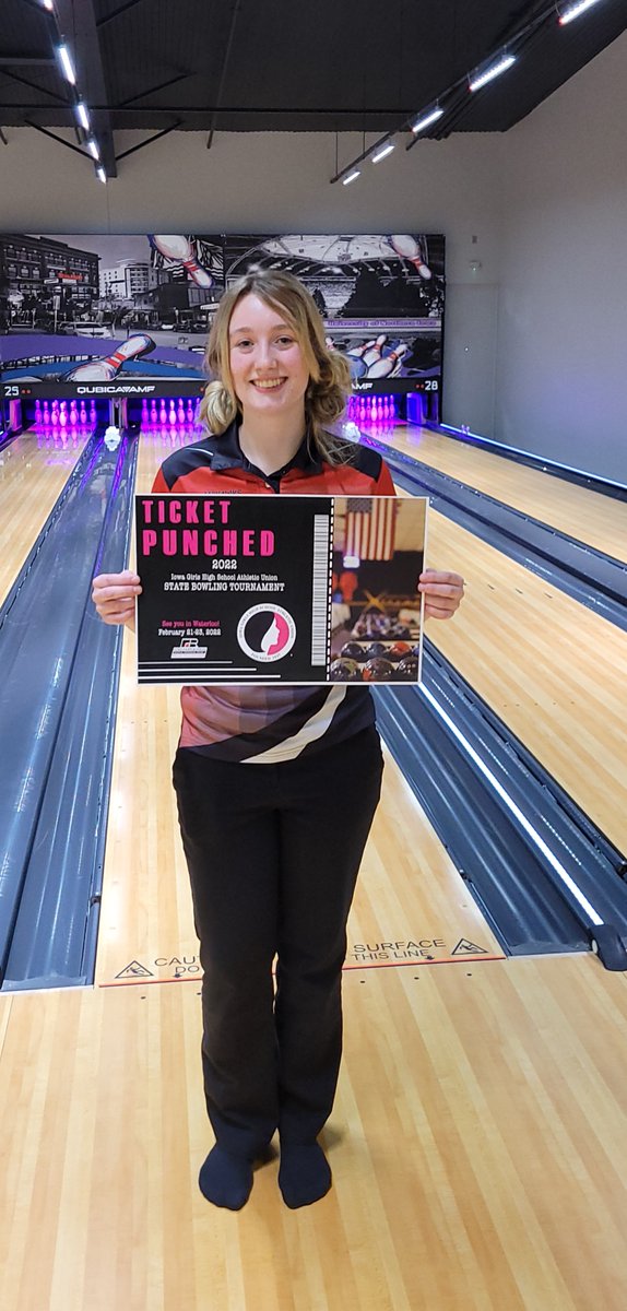 Congratulations to girls bowler Hailee Wendel for qualifying for the State bowling meet. Hailee bowled 169, 161, &amp; 237 (career best 237) to come in 8th place out of 44 to secure a spot.  She will bowl Monday morning at Maple Lanes in Waterloo at 9:00 AM.  GOOD LUCK, HAILEE!!!