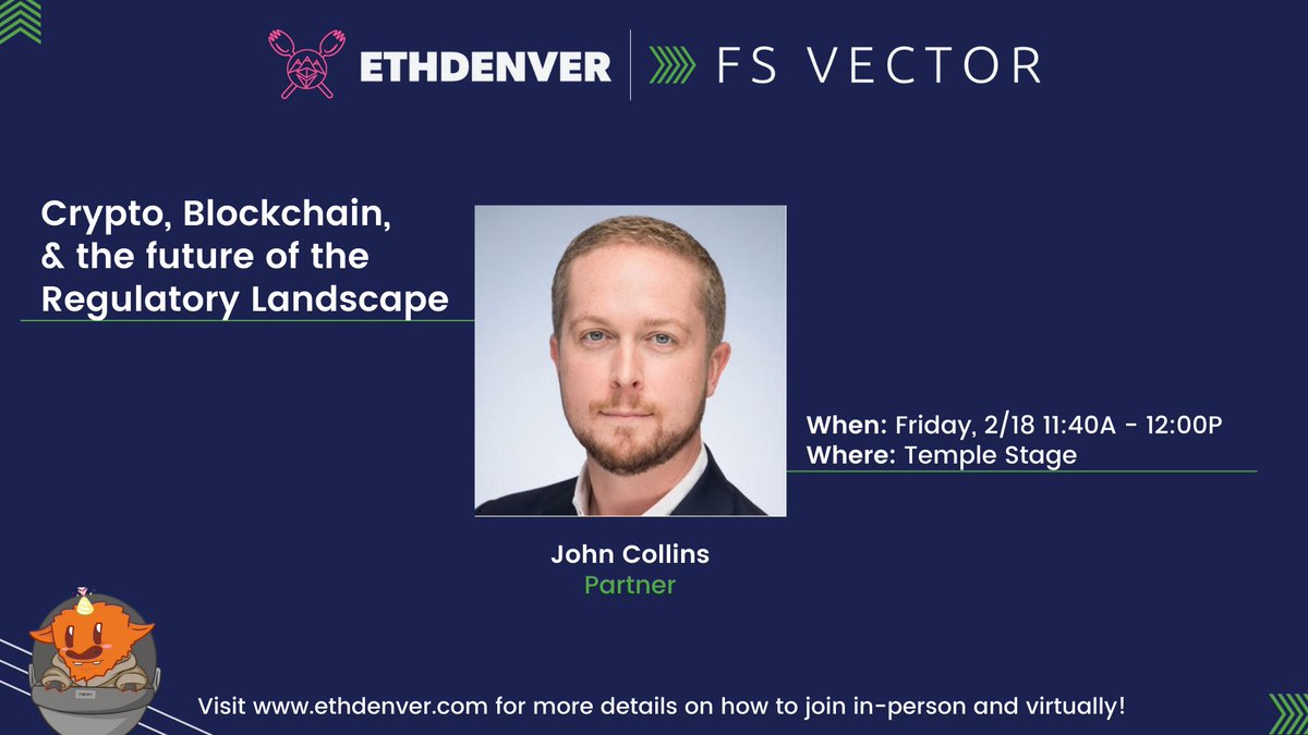 Headed to @EthereumDenver? Make sure to check out @JohnCollins this Friday, 2/18 to talk all things crypto regulation! ethdenver.sched.com/event/xTaE #thisistheGWEI #bufficorn #beabufficorn #putasporkinit