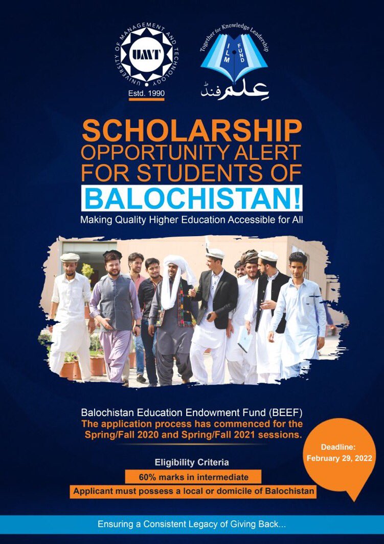 UMTOfficial's tweet photo. Scholarships for Balochistan students: This is for Spring/Fall 2020 and 2021 sessions.
The forms can be obtained from the ILM Fund office (Main Building - 1st floor)
Deadline: 28th February
#ILMFund #myUMT https://t.co/KzC75HfSDT