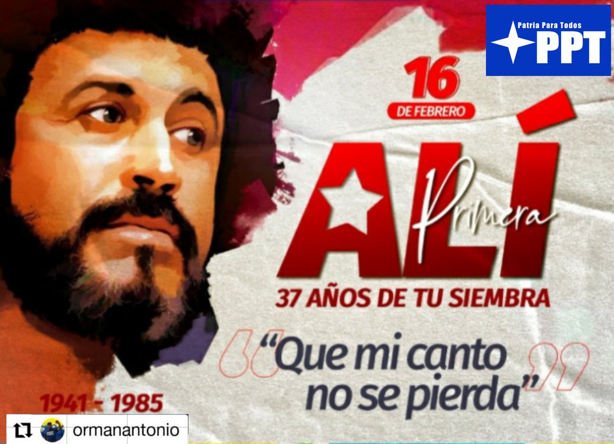 #37AñosYTuCantoSigueVivo
El 16 de febrero de 1985 en la autopista Valle- Coche, a causa de un lamentable accidente de tránsito, muere el cantor del pueblo Alí Primera.
<a href="/NicolasMaduro/">Nicolás Maduro</a>
<a href="/dcabellor/">Diosdado Cabello R</a> <a href="/beatrizbarraez/">PPTPortuguesaOficial</a>
<a href="/Mippcivzla/">mippci</a>