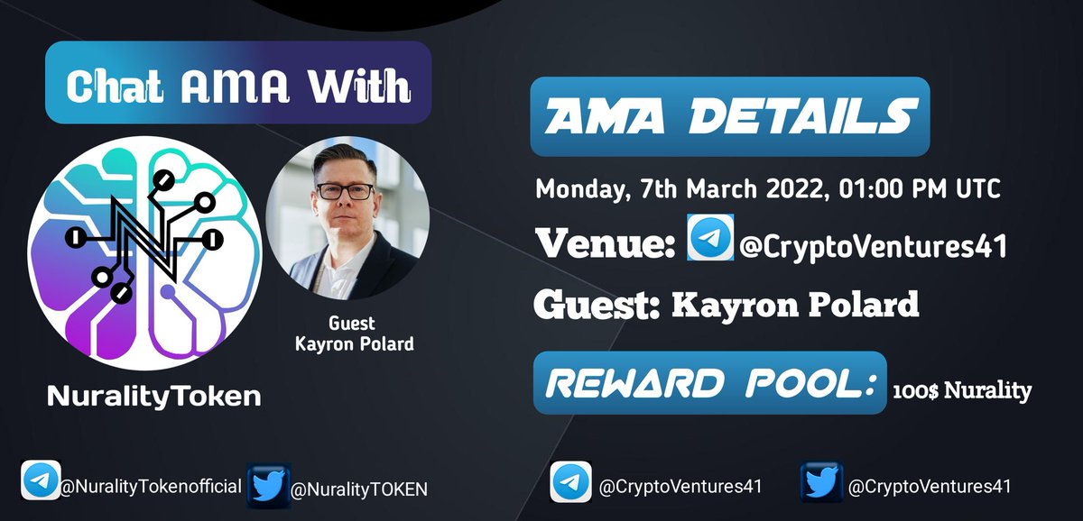 CryptoVenture41's tweet photo. 📢 We're thrilled to announce our next #AMA with @Nuralitytoken
on 7 Mar 1 PM UTC

💰 Reward Pool: 100$ Nurality
📍 Venue: https://t.co/ZQqxvv68Zb
〽️ Rules:
✅ Follow @CryptoVenture41 &amp; @Nuralitytoken
✅Like Retweet &amp; Comment Your Questions (3 Questions Max) and Tag 3 Friend https://t.co/6RgQj7WFF4