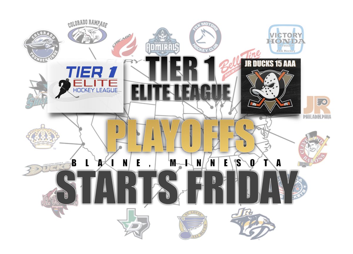 T1EL PLAYOFFS. This weekend in the hockey cradle of Minnesota. Starts Friday. #FlyTogether <a href="/JrDucks15AAA/">Jr Ducks 15O AAA</a> <a href="/T1EHL/">Tier 1 Elite Hockey</a> <a href="/hockeymaps/">HockeyMap.com</a> <a href="/USHL_Player_Dev/">USHL Player Development</a> <a href="/_Neutral_Zone/">Neutral Zone</a> <a href="/hockeyscouting/">The Scouting News</a>
