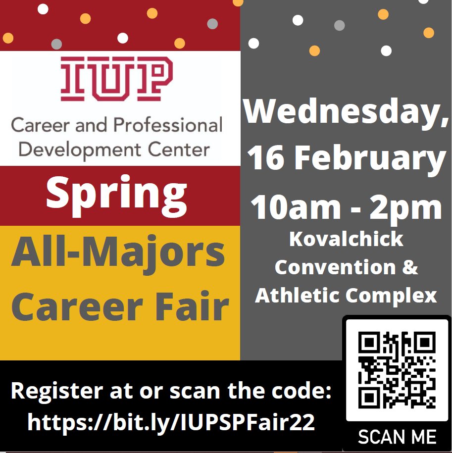 Don't forget to catch the All Majors Career Fair!
#iup #iupedu #iupkhss #indianauniversityofpennsylvania