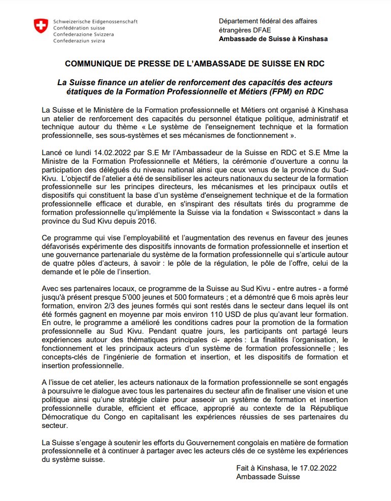 AmbSuisseRDC's tweet photo. La 🇨🇭 &amp; le @MinFPM 🇨🇩 ont organisé un atelier de renforcement des capacités du personnel étatique politique, administratif &amp; technique autour du thème «Le système de l'enseignement technique &amp; la formation professionnelle, ses sous-systèmes et ses mécanismes de fonctionnement». https://t.co/TrQozLsUVP