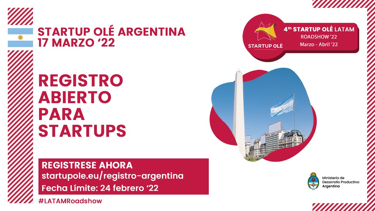 .<a href="/StartupOle/">Startup Olé</a> lanza su 4ta Roadshow por Latinoamérica y pasa por Argentina el 17/03!

Registrá tu startup hasta el 24/02 ingresando en startupole.eu/argentina/.