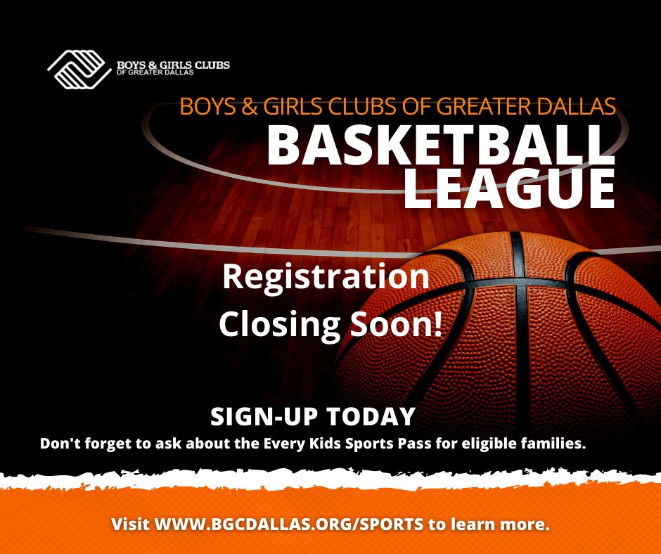 Hurry, Hurry! Registration will be closing soon. Visit our sports page at bgcdallas.org/sports to sign up for our spring basketball league! 

#Bgcdallas #Sports #GreatFutures