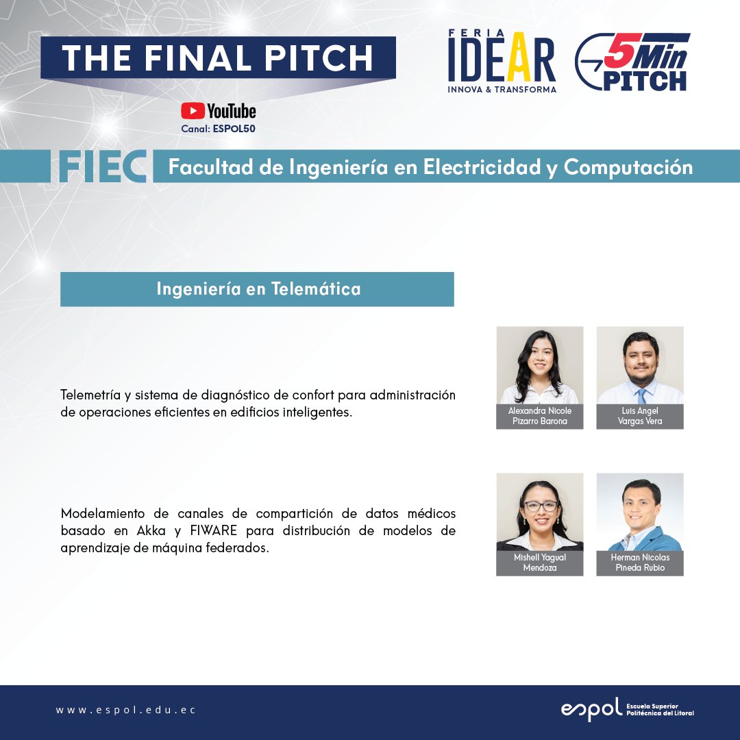 espol_fiec's tweet photo. Conoce a nuestros finalistas quienes desarrollaron los mejores proyectos integradores del concurso #5MinPitch y conoce más sobre sus proyectos, acompañándolos en la Feria Idear: The Final Pitch este viernes 18 de febrero. 
Síguenos en vivo por: https://t.co/DynWtb2MzW https://t.co/b7v5dFJoYQ