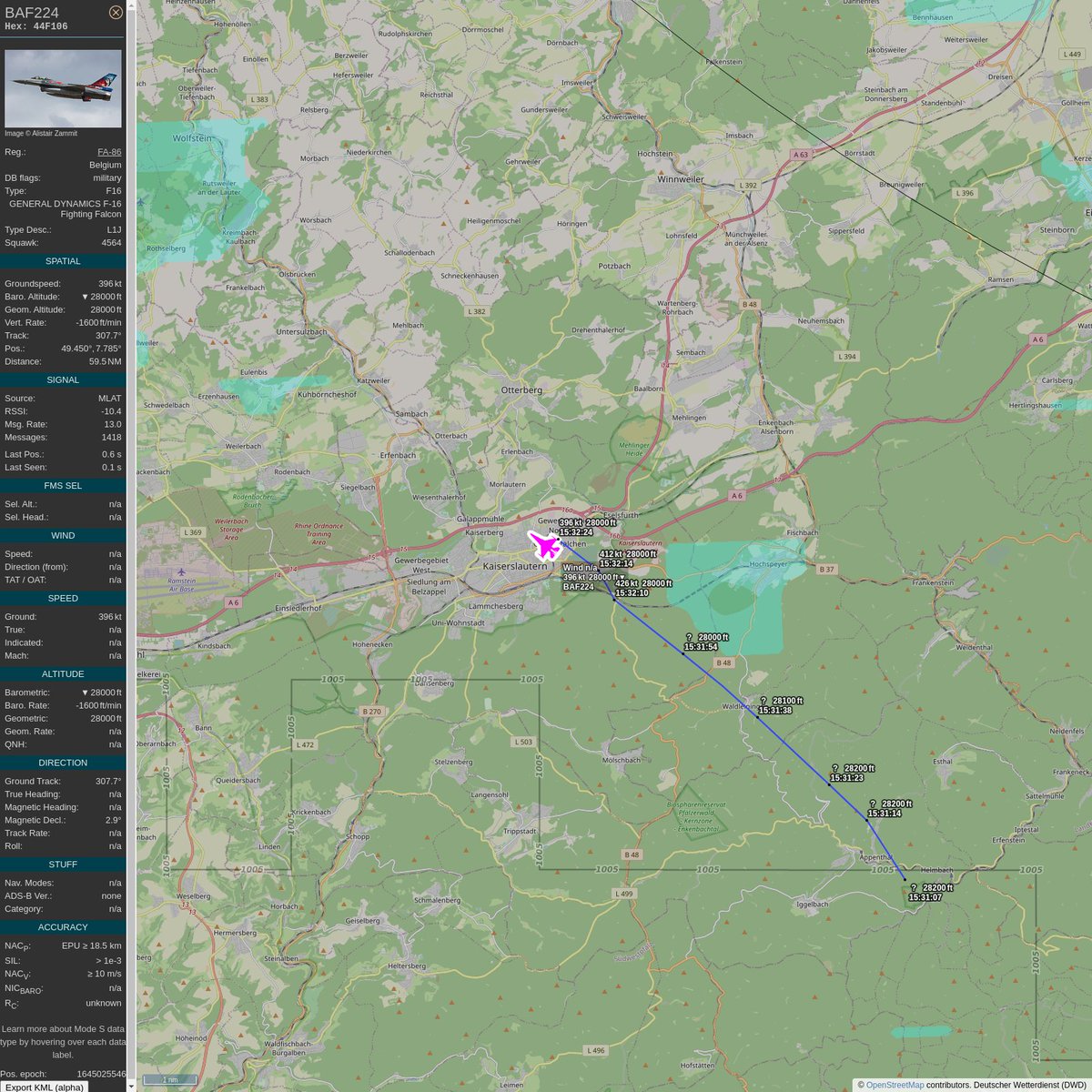 AKoeppern's tweet image. #PlaneAlert ICAO: #44F106 Tail: #FA86 Flt: #BAF224 
Owner: #BelgianAirComponent
Aircraft: #F-16 Fighting Falcon
2022/02/16 16:31:52
#F16 #Chappy #YouJustLostARefinery #Luchtcomponent youtu.be/DyruzLjVwbc?t=… 
globe.adsbexchange.com/?icao=44F106&amp;amp;s…