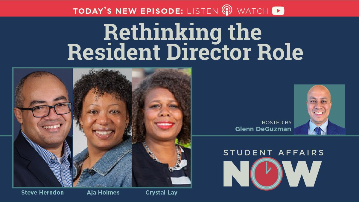 StuAffairsNOW's tweet photo. Rethinking the Resident Director Role. Watch the latest episode on Student Affairs NOW - https://t.co/WIn96NtgYg @glennako with Steve Herndon @AjayHolmes @Cdvwhite talking #reslife @ACUHOI https://t.co/u9Y1zadRmr