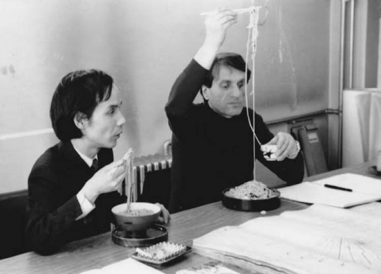 Toru Takemitsu and Iannis Xenakis eating soba.