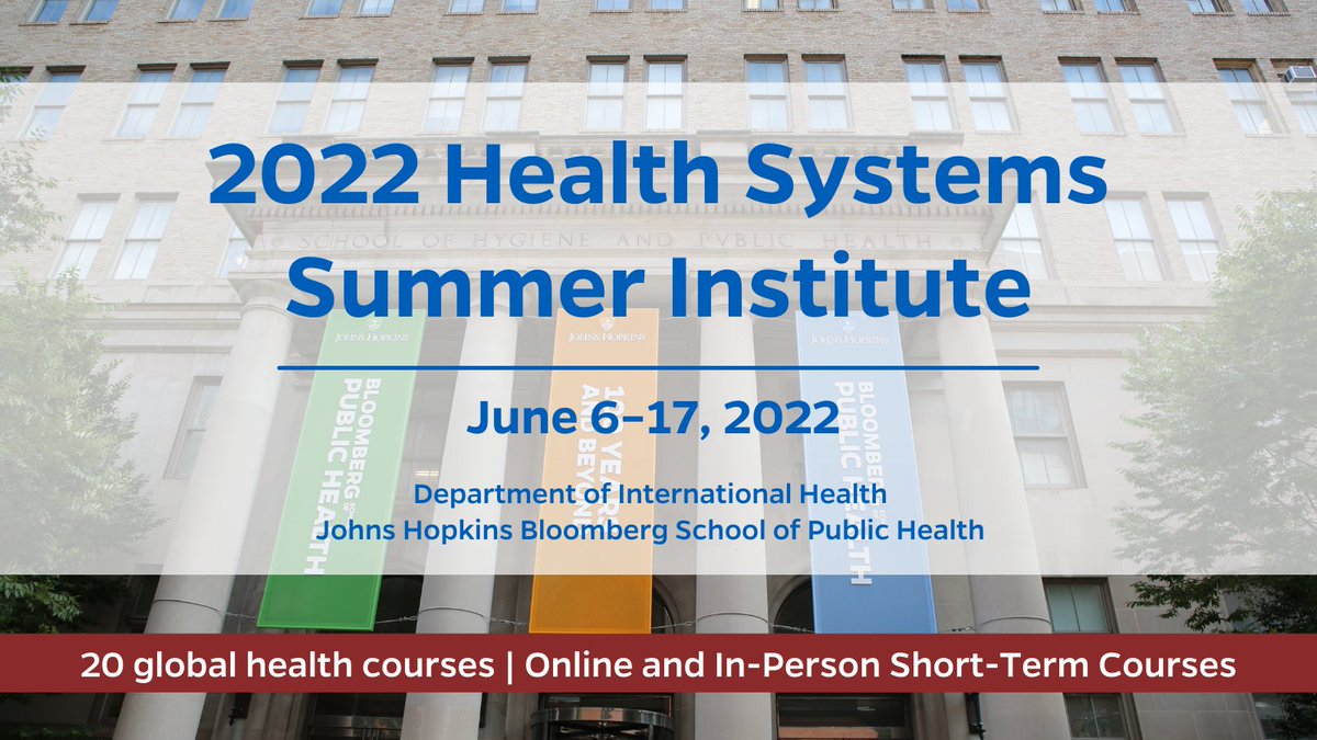 HopkinsIHHS's tweet photo. 📣 Announcing...our 2022 Health Systems Summer Institute schedule is released and open for registration! Choose from 20 short-term global health courses in June. We have both online and in-person options! Courses range from 3 to 6 half days June 6–17.
https://t.co/UrteLu9BSM https://t.co/k2fOrMElLJ