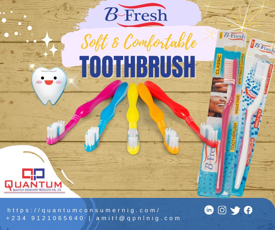 QuantumConsumer's tweet photo. Stay healthy, maintain your oral health, be fresh.
B-Fresh, soft and comfortable toothbrush for your oral need.
https://t.co/UVpS62G9uK
amitl@qpnlnig.com 
+234 912 106 5640
#quantumgroup #quantumconsumerproducts #trending #naija #quantumconsumerproducts #quality #hygiene https://t.co/E1dRmkwp9M