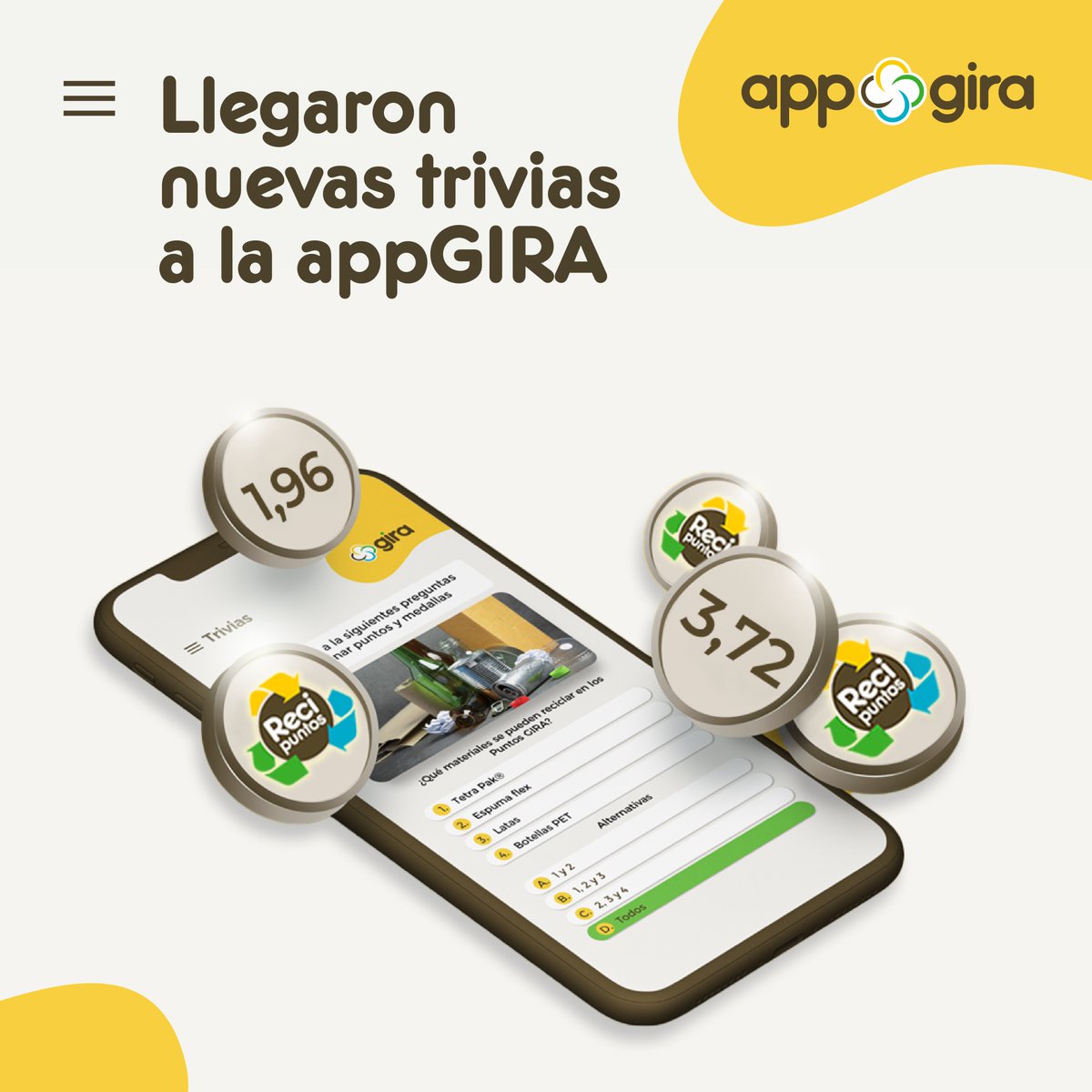 GiraReciclaEC's tweet photo. #appGIRA ¿Sabías que en la appGIRA hay una sección con trivias que puedes responder para ganar más ReciPuntos mientras aprendes sobre reciclaje?
Todos los meses se cargan nuevas preguntas.♻️
En nuestro blog te dejamos algunas pistas que puedes aprovechar https://t.co/mGOwQdbwoN https://t.co/d63uNUOJc3