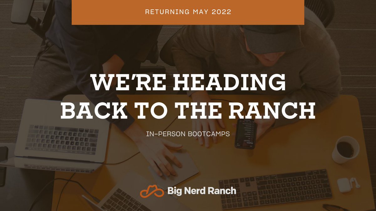 bignerdranch's tweet image. Many of you have been eager to know when we will be offering in-person training again, and we&apos;re excited to share that we&apos;re planning to head back to the Ranch in May 2022! Learn more about updated protocols on the blog: bit.ly/3gCiEvD #BigNerdRanch #DevTraining