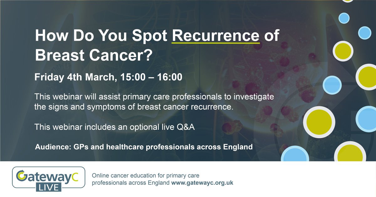 Signed up to the latest @GatewayC_  webinar?@BreastDocUK will explore breast cancer recurrence. Questions include:📔Common symptoms🔍Key investigations🔬Current landscape for new treatments 
Register here:bit.ly/3AtTDvV
@rcht @RDEhospitals @TorbaySDevonNHS @ndht @UHP_NHS