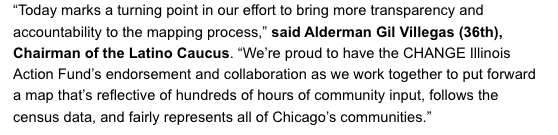 Just in: <a href="/CHANGEIL/">CHANGE Illinois Action Fund</a>-backed People's Map Commission endorses the <a href="/ChiLatinoCaucus/">Chi Latino Caucus</a>-backed "Coalition Map." According to release, People's Map is joining coalition map "to advance an updated map that incorporates key elements of The People’s Map."