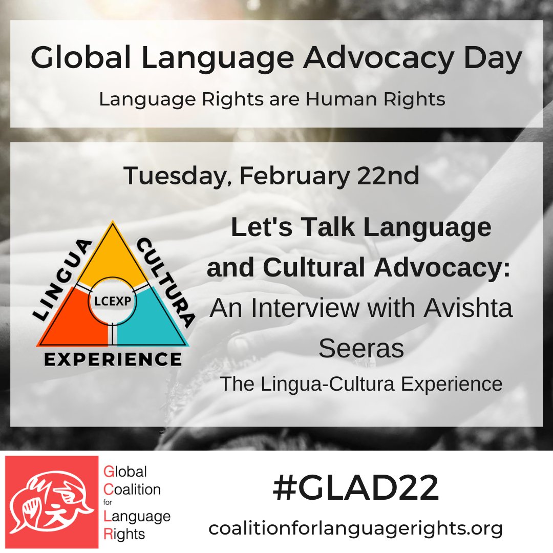 GlobLangRights's tweet photo. Check out the #GCLR website on #GLAD22, Feb 22, for a pre-recorded interview with @avishtaseeras, creator and producer of @LinguaCulturaXP!

Avishta will discuss culture and #languageadvocacy done through her org and its contribution to social change.

👉https://t.co/iZnc92CwxA https://t.co/UE8XADNWkN
