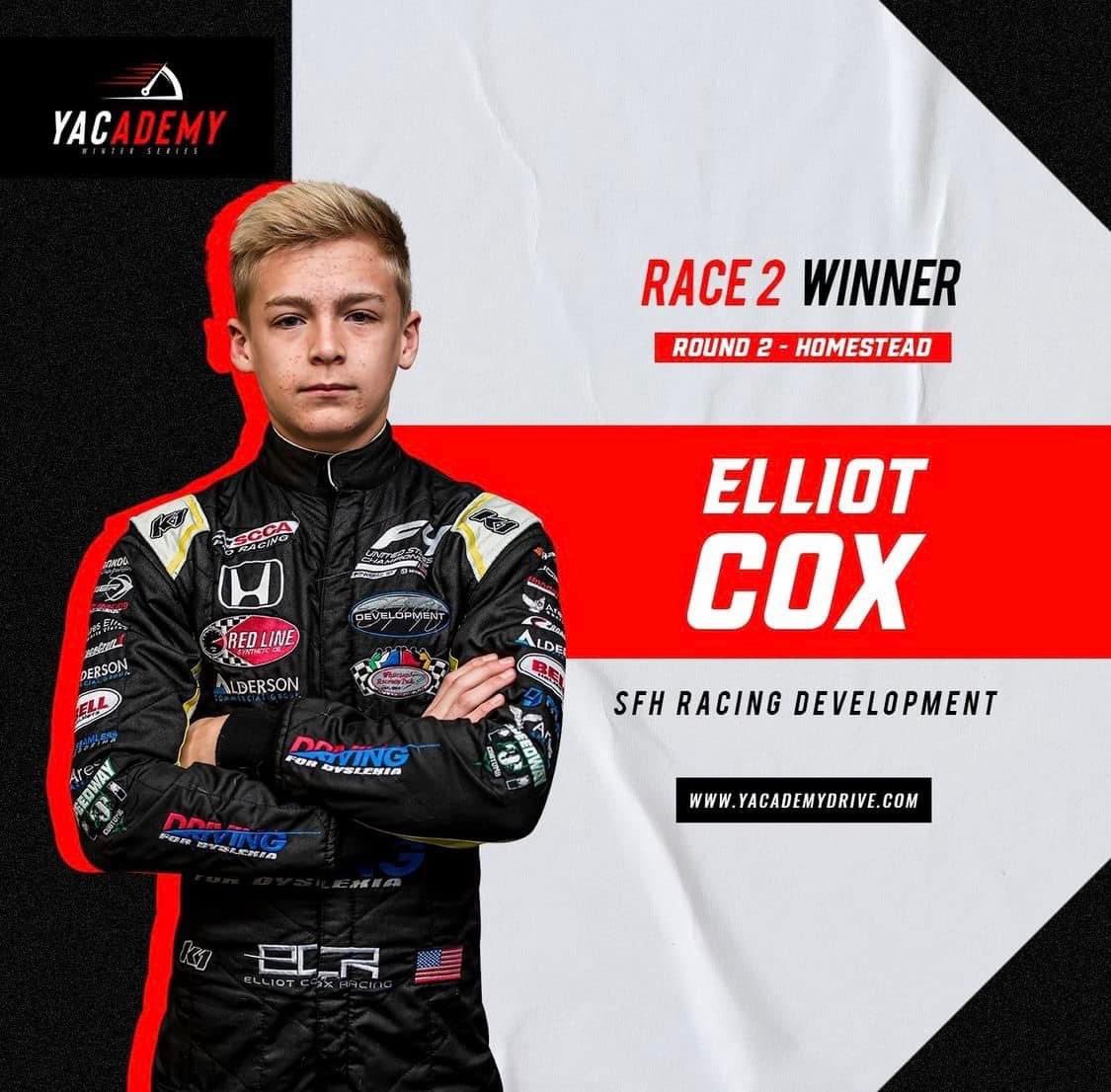 Elliot Cox Racing (@elliotcox51) on Twitter photo FIRST <a href="/USFJuniors/">USF Juniors</a> WIN! Thank you to the <a href="/SFHRDevelopment/">SFH Racing Development</a> crew, especially Brad and Kyle, for a perfect car. Thank you to Andy, Sarah, Wink and Libba for the opportunity to make you proud. Thank you to all of our partners. This is your win too!! FIRST <a href="/USFJuniors/">USF Juniors</a> WIN! Thank you to the <a href="/SFHRDevelopment/">SFH Racing Development</a> crew, especially Brad and Kyle, for a perfect car. Thank you to Andy, Sarah, Wink and Libba for the opportunity to make you proud. Thank you to all of our partners. This is your win too!!