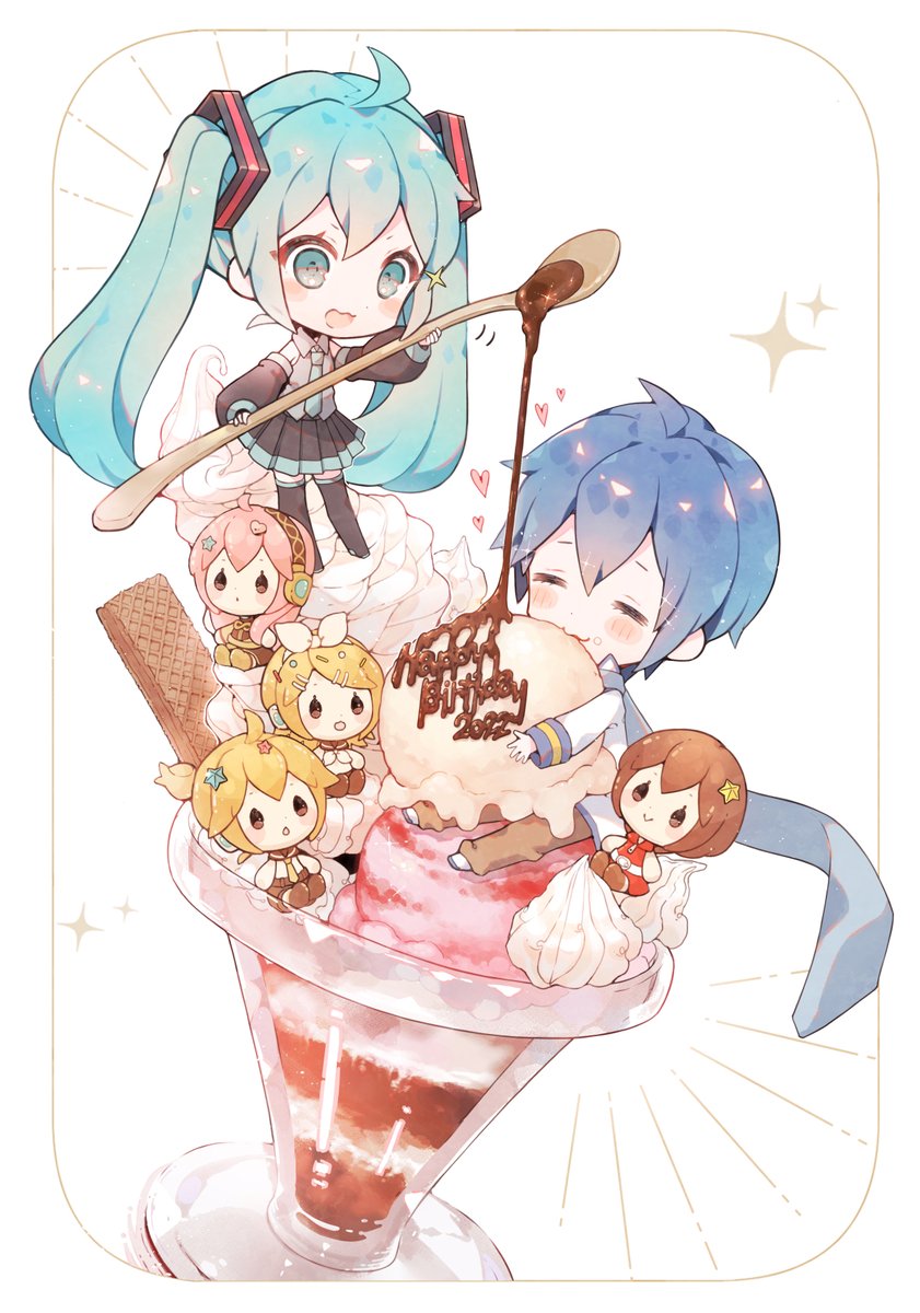 初音ミク ,鏡音レン ,鏡音リン ,カイト(ボーカロイド) ,メイコ(VOCALOID) 「おめでとう🎉🍨
#KAITO誕生祭2022 #KAITOお誕生会2022 」|にわ子のイラスト