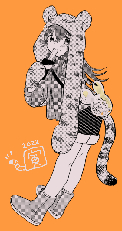 komiya kaho 1girl solo long hair orange background shorts bag tail  illustration images