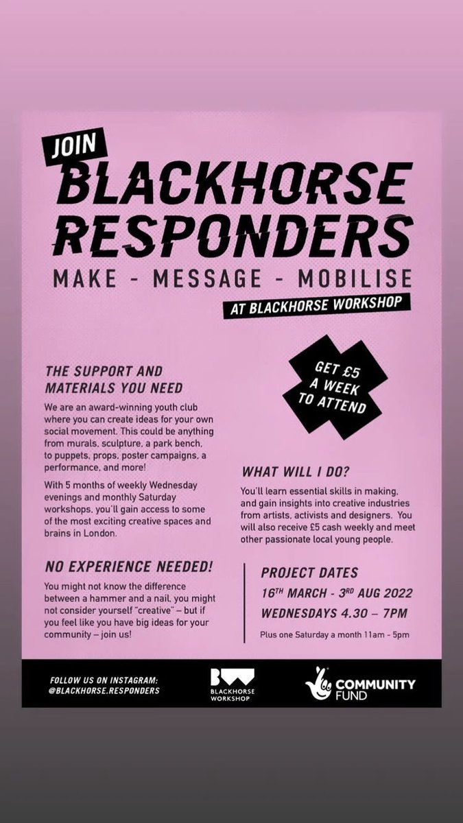 Are you an aspiring creative 16-25 years old then join the award-winning creative activism youth club <a href="/BlackhorseWS/">BLACKHORSE WORKSHOP CIC</a> in Walthamstow. docs.google.com/forms/d/e/1FAI…

#youthclub #creativeactivism #makemessagemobilise #BlackhorseResponders #blackhorseworkshop #walthamstow #walthamforest