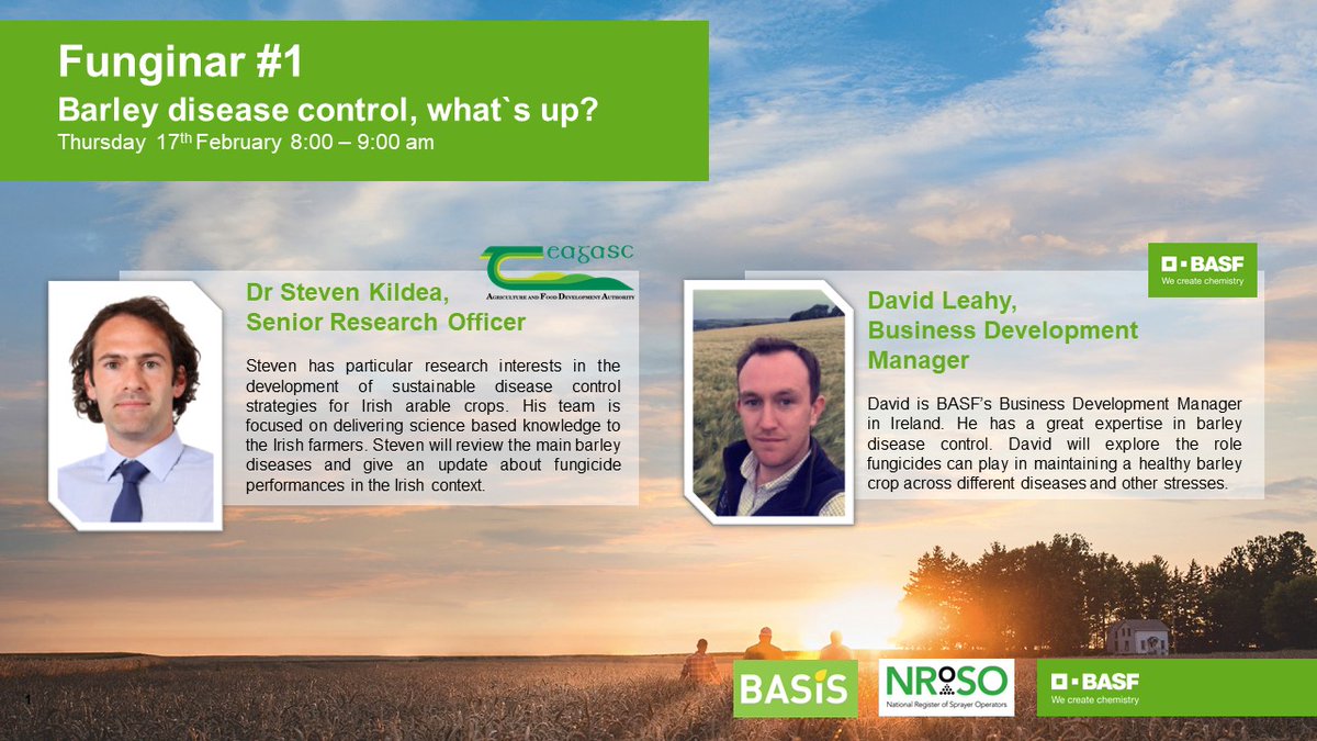 BASFcropUK's tweet photo. Don`t miss our 1st #Funginar tomorrow morning:
📅17 Feb (8-9am): #Barley disease control
✅Main diseases
✅Fungicide performances
✅Key challenges
🎙️Guest speakers @kildea1 @teagasc & @David_Leahy88
2 @BASISRegLtd & NRoSO points available
Watch live: https://t.co/wKEeblqF5u https://t.co/CbDwICeQvZ