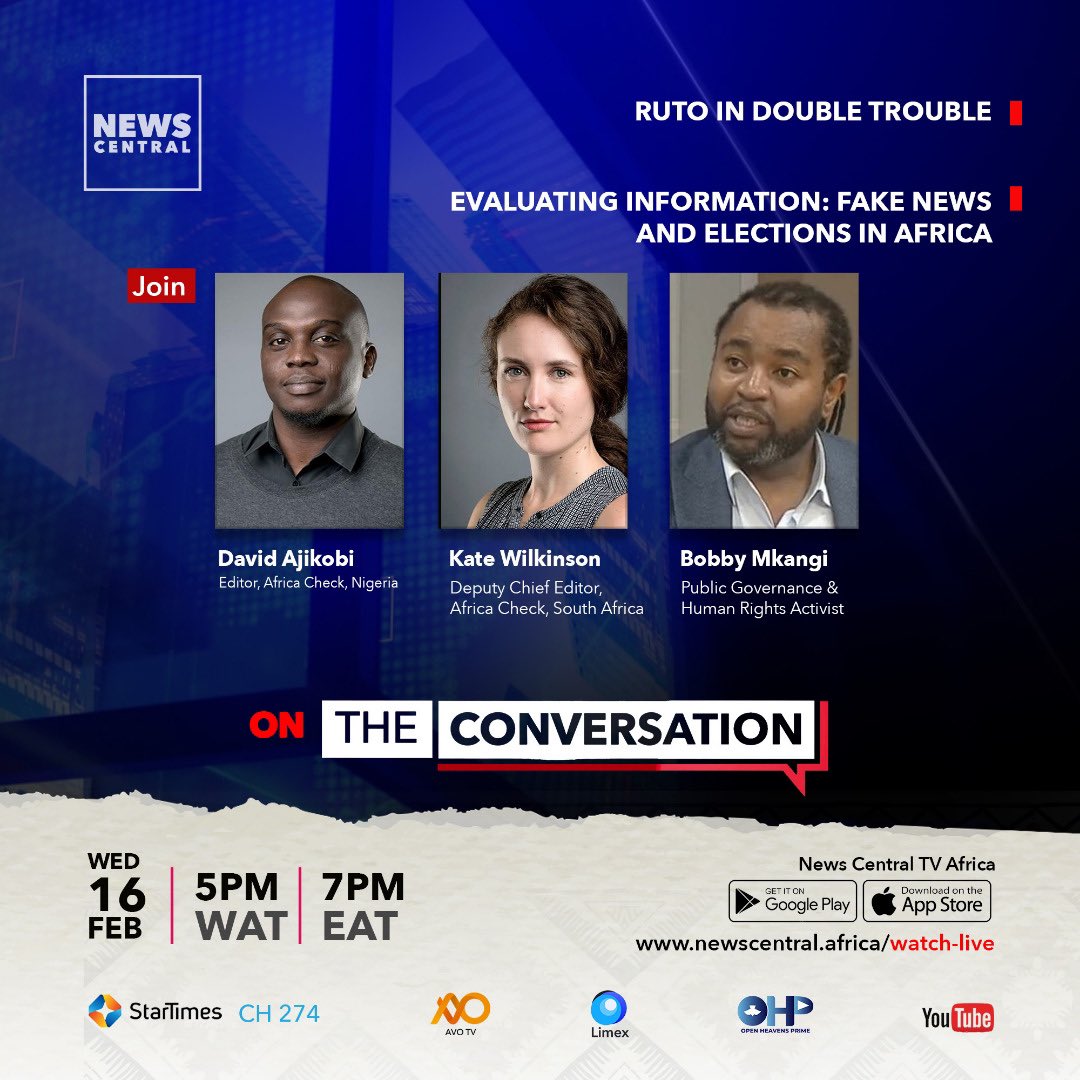 Africa Check Nigeria (@africacheck_ng) on Twitter photo Join our Nigeria Editor, David Ajikobi <a href="/pantaphobious/">David Ajikobi</a> and Deputy Chief Editor, Kate Wilkinson <a href="/kateomega/">Kate Wilkinson 🇿🇦</a> as they discuss “Evaluating Information: Fake News And Elections in Africa” on @newscentraltv today.
Time: 5PM WAT
Don’t forget to tune in…
#election #nigeriadecides Join our Nigeria Editor, David Ajikobi <a href="/pantaphobious/">David Ajikobi</a> and Deputy Chief Editor, Kate Wilkinson <a href="/kateomega/">Kate Wilkinson 🇿🇦</a> as they discuss “Evaluating Information: Fake News And Elections in Africa” on @newscentraltv today.
Time: 5PM WAT
Don’t forget to tune in…
#election #nigeriadecides