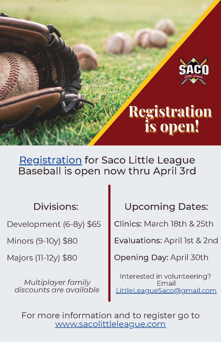 Saco_LL's tweet photo. Register your child or raise your hand to volunteer today for the 2022 Little League season. 
https://t.co/y6EkF4FSAf https://t.co/AbOrGgZDei