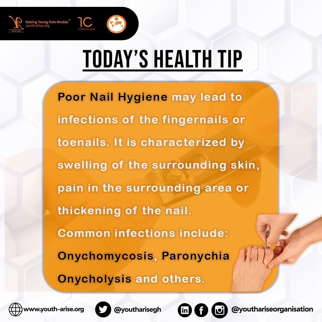 Youthariseorg's tweet photo. On today’s edition of our weekly Health Tips we talk about keeping a good personal hygiene ☺️👏💫 .
How often do you practice Nail care?💅🏻🤔
Do you prefer to keep short or long nails and why?🎈📝🔥
#healthtips #weeklyhealthtips #YAOhealthtips #YAOhealthteam #healthupdates https://t.co/aDpHMHNs4V
