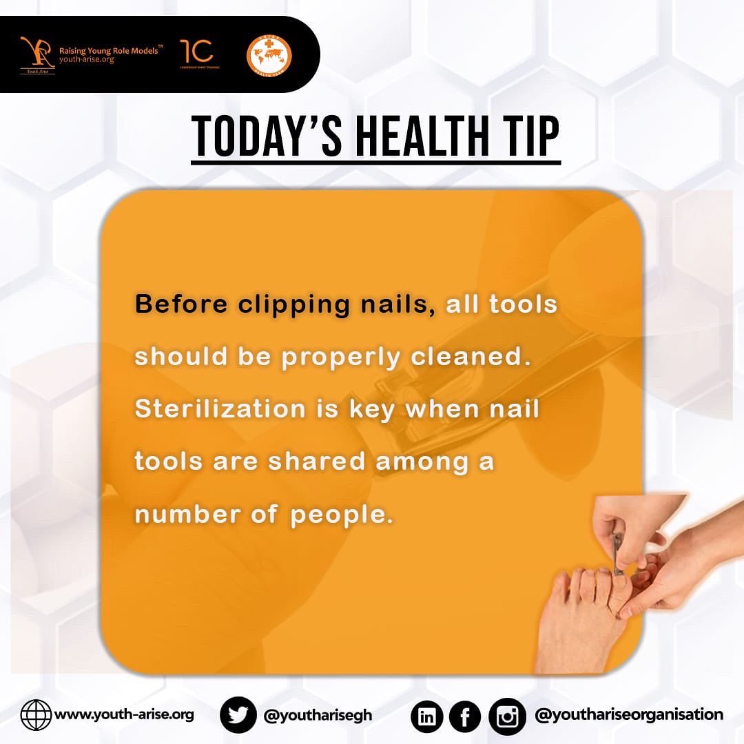 Youthariseorg's tweet photo. On today’s edition of our weekly Health Tips we talk about keeping a good personal hygiene ☺️👏💫 .
How often do you practice Nail care?💅🏻🤔
Do you prefer to keep short or long nails and why?🎈📝🔥
#healthtips #weeklyhealthtips #YAOhealthtips #YAOhealthteam #healthupdates https://t.co/aDpHMHNs4V