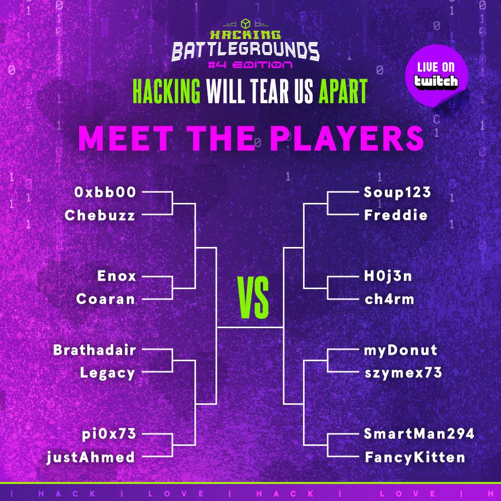hackthebox_eu's tweet photo. Hackers, may the odds be ever in your favor! 😎
16 hackers are ready to battle for the ultimate prize! Who's going to be the grand winner? Place your bets 🏆
See you live on @Twitch with @ippsec &amp; @_JohnHammond: https://t.co/ShSg1RaOUK
#HackTheBox #Hacking  @snyksec @RavenGG https://t.co/f2HT076lKV