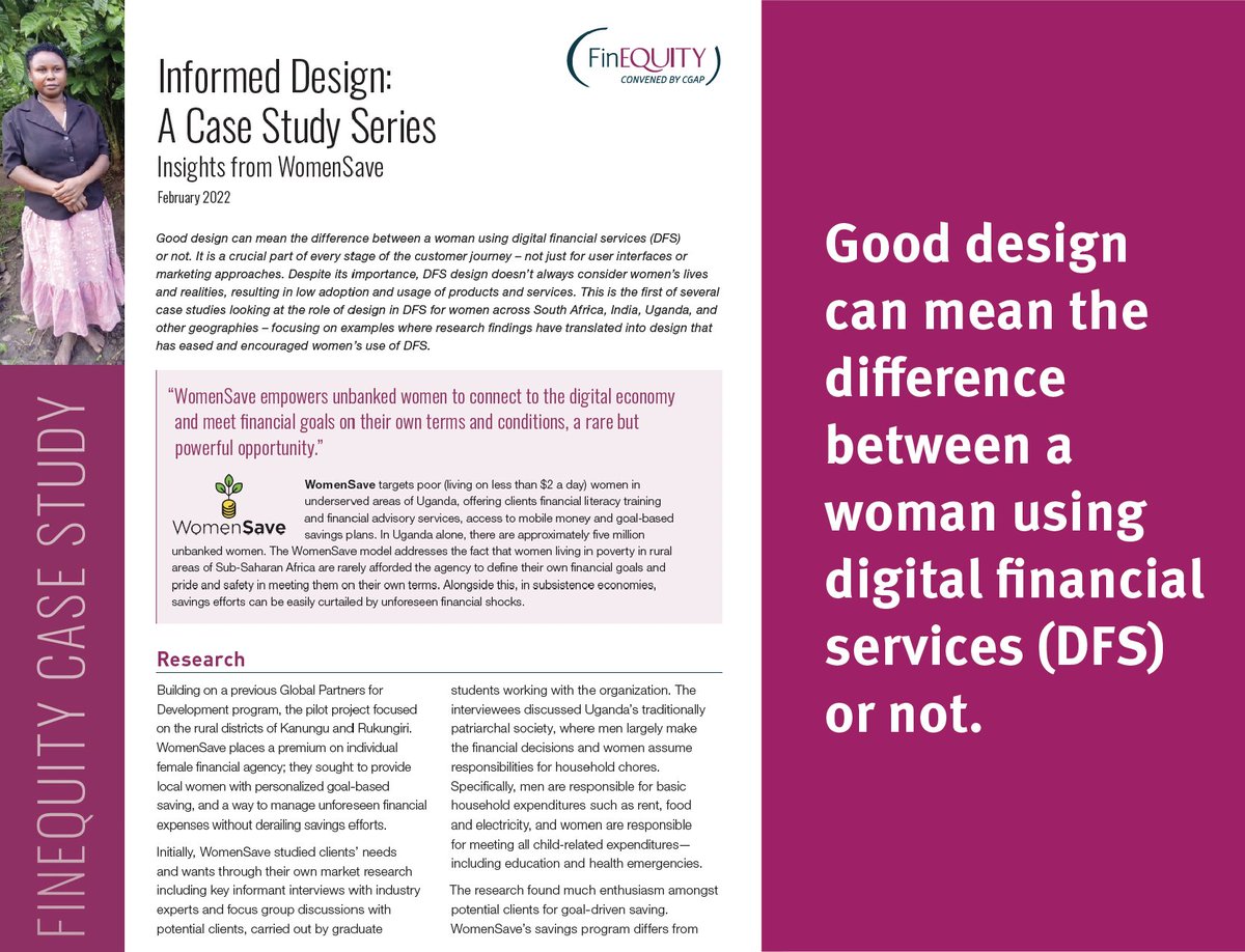 📢New #FinEquity publication alert! We're thrilled to share the initial installment of our Informed Design Case Study Series examining good #DFS design for women across South Africa, India, Uganda, and other geographies. findevgateway.org/finequity/case…