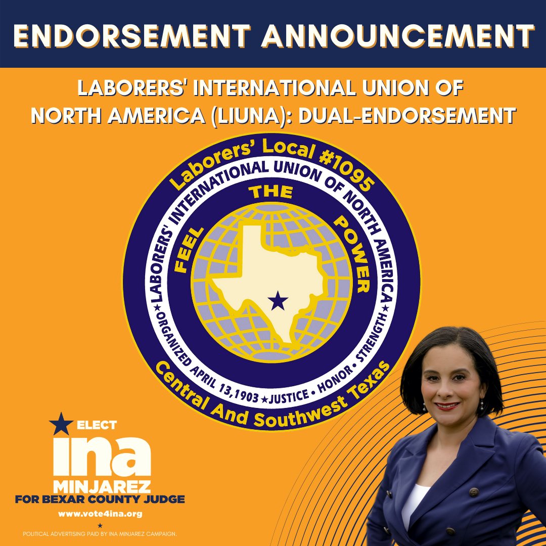 InaMinjarez's tweet photo. Thank you @LIUNA #Local1095 for your dual endorsement for #BexarCounty Judge. Our labor unions represent the individuals who are on the front line of government service delivery and who are absolutely essential to the day-to-day operations &amp; functioning of government. #TeamIna https://t.co/BC5mZHbGvl