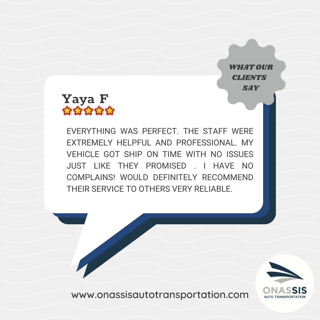 We make sure that every client's requirements are met thru open communication. Knowing what they want and letting them know what to expect will make them feel confident about the service

Thank you so much, Yaya F, for the 5 Stars!

onassisautotransportation.com | #OnassisAutoTransport