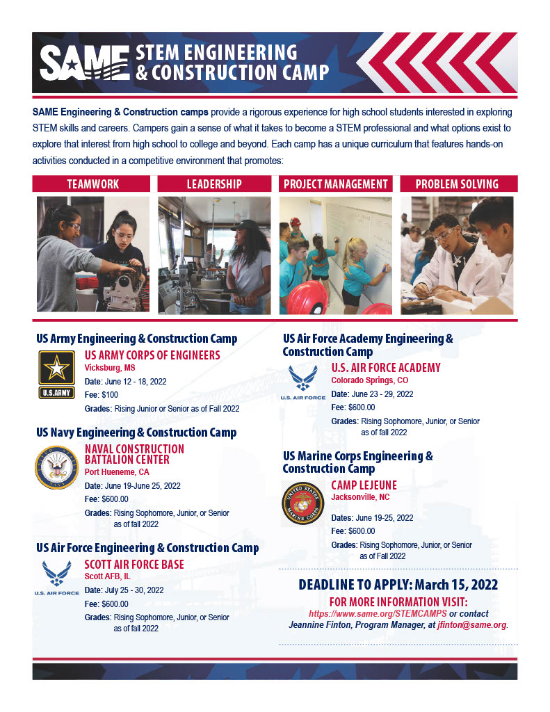 SAME_National's tweet photo. Looking for an educational summer camp for the teenager in your life? SAME STEM Engineering and Construction Camps provide a well rounded experience for students interested in exploring STEM skills and careers. https://t.co/F4hZNRTECM
#SAMECamps https://t.co/YcvQ05orVl