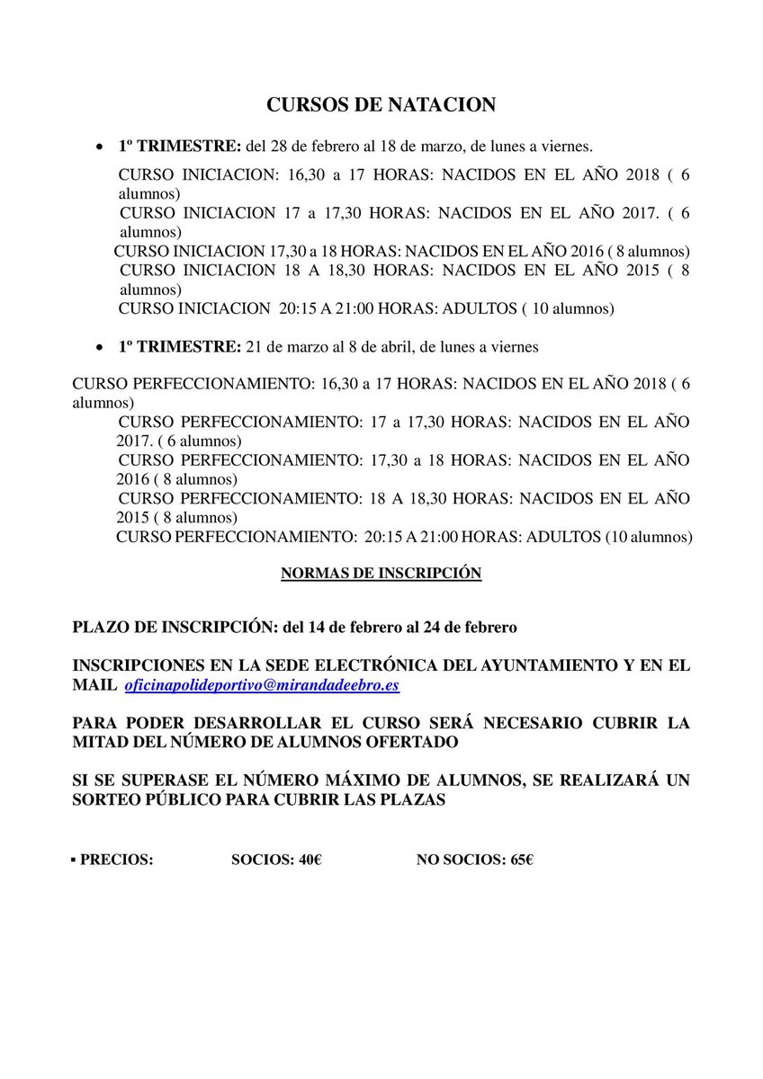 Cursos de natación, inscripciones disponibles hasta el 24 de febrero. #mirandadeebro #vivemiranda