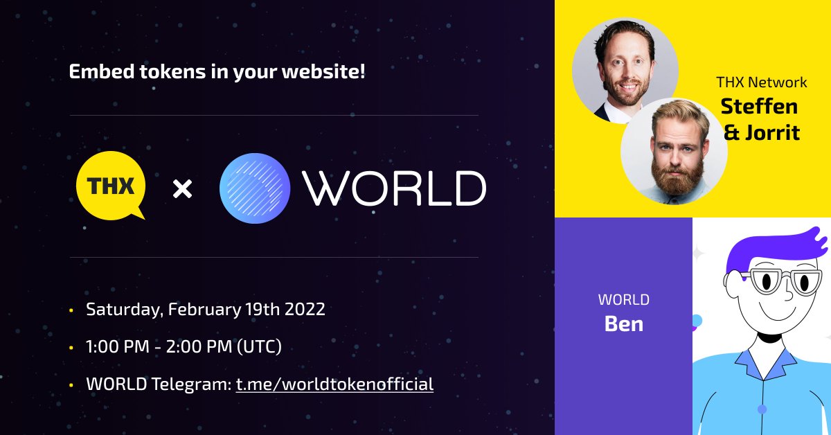 THXprotocol's tweet photo. This Saturday, join us for a discussion on the future of the web for creators, with our friends at @worldtoken_ 
#web3 #creatoreconomy #AMA https://t.co/Q3LWR0Z07w