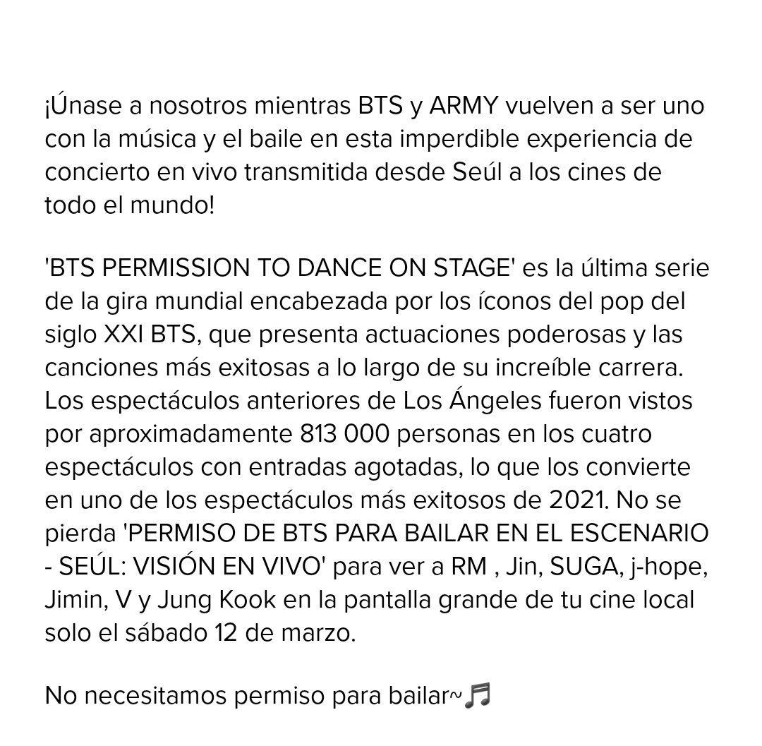 purplearmy_py's tweet photo. El concierto de #PTD_ON_STAGE_SEOUL se tránsmitira en los cines a nivel mundial. El 12 de Marzo. 
Checa horarios y paises👇

La transmisión no será en vivo para todos, ya que existe diferencia horaria. Y en algunos paises será de madrugada. 

(+)⤵️

@BTS_twt #BTS #BTSARMY https://t.co/5aOHjwuxoi